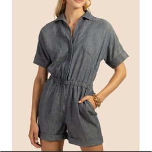 Trina Turk San Jaoquin Romper Womens L Large Chambray Zip Front Revere Collar